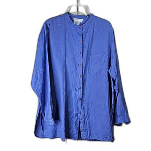 Blouse Linen Oversized Lt Blue Long Sleeve Button Cuff Side Slits Size Large
